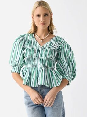 Ganni Green & White Vertical Stripe Smocked Peplum Top